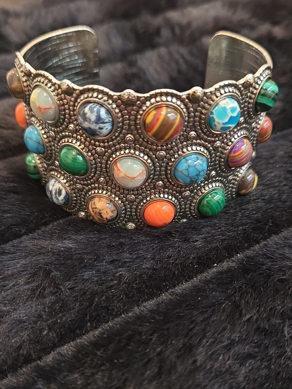 New Multi-Stone Bohemian Wide Cuff Bracelet - Turquoise, Green & Orange